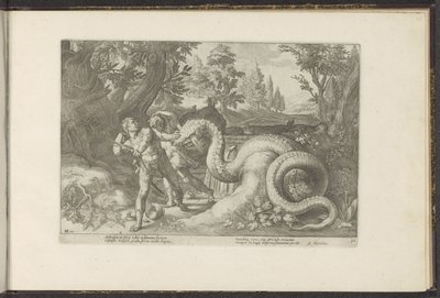 Kadmusens ledsagere fortært av en drage Ovids metamorfoser (serietittel) Gjenskapninger av P. Ovidius Naso (serietittel) av Hendrick Goltzius (workshop of)