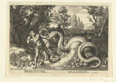 Kadmusens ledsagere fortært av en drage Ovids metamorfoser (serietittel) av Hendrick Goltzius (workshop of)