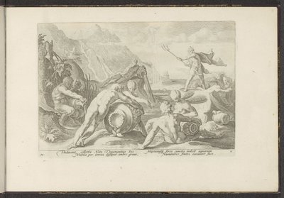 Neptun og elvegudene forårsaker en flom Ovids metamorfoser (serietittel) Gjenskapninger av P. Ovidius Naso (serietittel) av Hendrick Goltzius (workshop of)