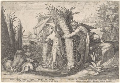 Pan og Syrigs Transformert van Ovid (serietittel) av Hendrick Goltzius (workshop of)