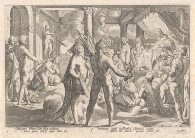 Phaëthon spør Apollo om han får ri i vognen sin Metamorphoses of Ovid (serietittel) av Hendrick Goltzius (workshop of)