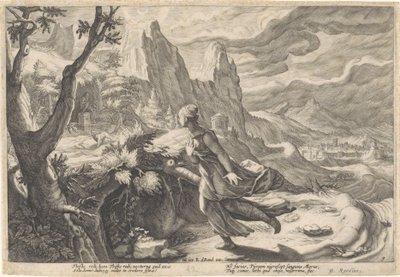 Thisbe flykter fra løvinnen Metamorphoses of Ovid (serietittel) av Hendrick Goltzius (workshop of)