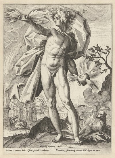 Fyrverkeri Ignis (tittel på objekt) The Four Elements (serietittel) av Hendrick Goltzius (workshop of)