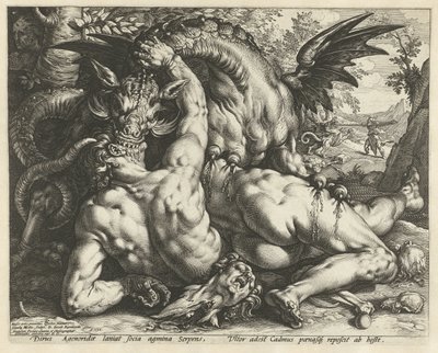 En drage som sluker følgesvennene til Cadmus Kadmusens ledsagere fortært av en drage av Hendrick Goltzius