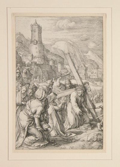 Christ Carrying the Cross, #9 fra The Passion, en serie med 12 graveringer av Hendrick Goltzius