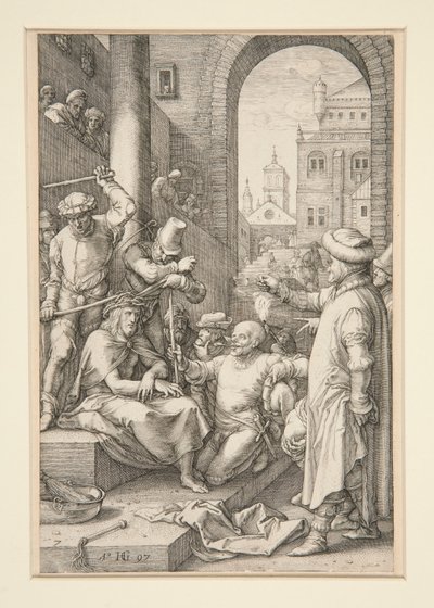 Christ Crowned with Thorns, fra The Passion, #7 i en serie med 12 graveringer av Hendrick Goltzius