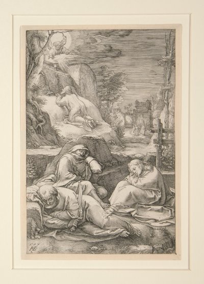 Kristus på Oljeberget (Agony in the Garden), fra The Passion, #2 i en serie med 12 graveringer av Hendrick Goltzius