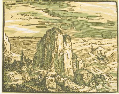 Cliff on a Seashore, fra Four Small Landscapes av Hendrick Goltzius