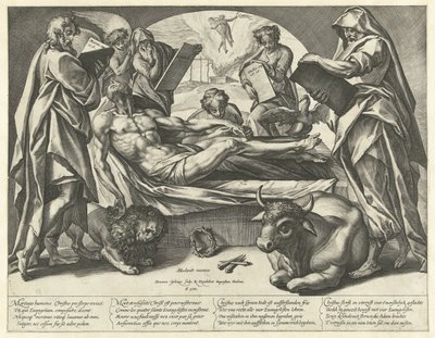 Den døde Kristus og de fire evangelistene av Hendrick Goltzius
