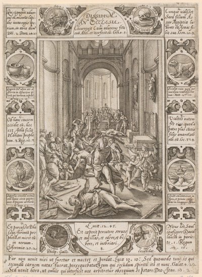 «Dissidium in Ecclesia», blad 8 i serien «Allegorier om den kristne tro» av Hendrick Goltzius