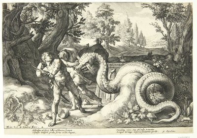 Dragen sluker Kadmos sine følgesvenner av Hendrick Goltzius