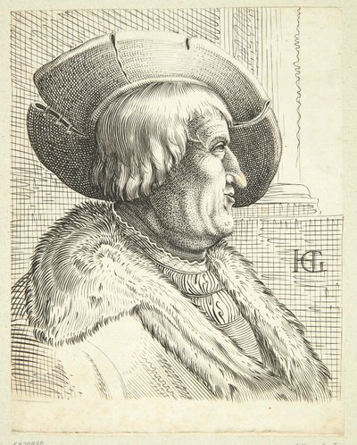 Fantasiportrett av gammel mann med hatt i profil av Hendrick Goltzius