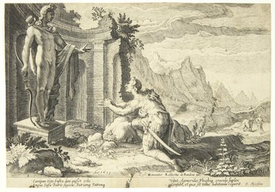 Kadmos spør oraklet i Delphi hvor han kan finne søsteren Europa av Hendrick Goltzius