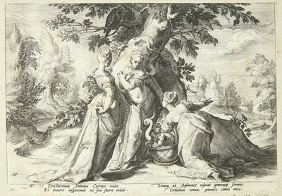 Kekrops døtre åpner kurven som Minerva har betrodd dem av Hendrick Goltzius
