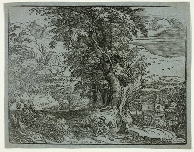 Landskap med et hyrdepar, fra fire små landskap av Hendrick Goltzius