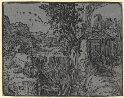 Landskap med foss og mølle, blad 1 i serien «Fire små landskaper» av Hendrick Goltzius