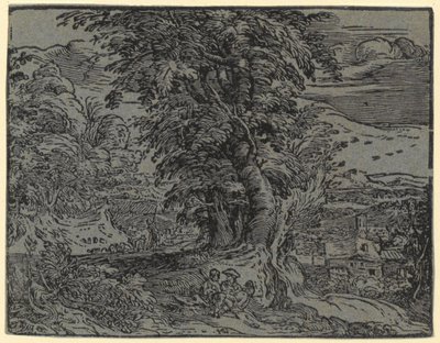 Landskap med sittende par og gjeter, blad 2 fra serien «Fire små landskap» av Hendrick Goltzius