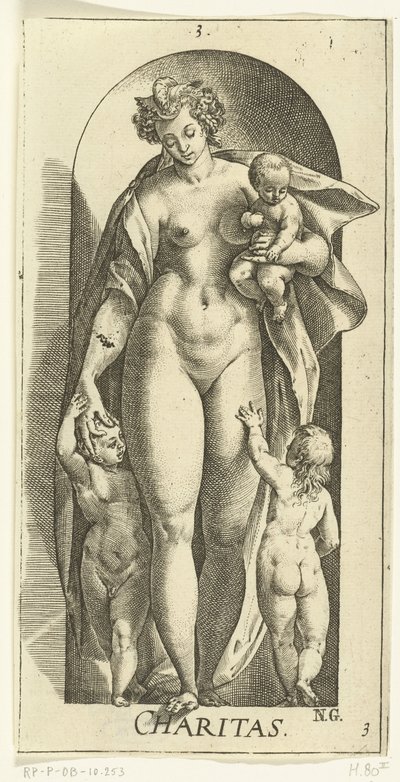 Kjærlighet veldedighet (tittel på objekt) De syv dyder (serietittel) av Hendrick Goltzius