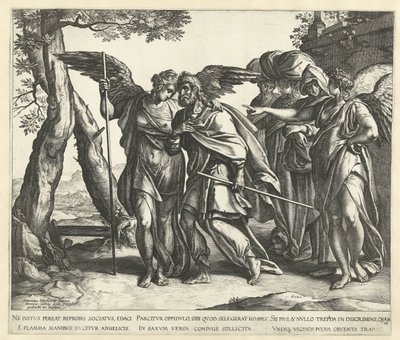 Lot flykter fra Sodoma med sin kone og døtre av Hendrick Goltzius