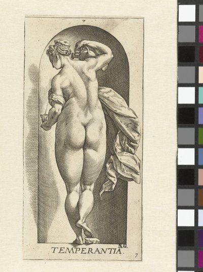 måtehold Temperanse (tittel på objekt) De syv dyder (serietittel) av Hendrick Goltzius