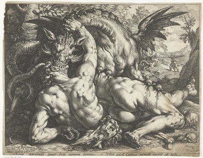Kadmusens ledsagere fortært av en drage av Hendrick Goltzius