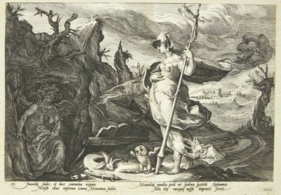 Minerva beordrer misunnelse å fylle Agraulos hjerte med sjalusi av Hendrick Goltzius