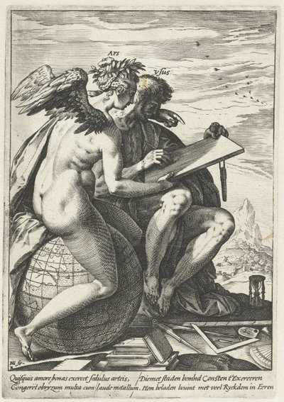 Trening og kunst (Ars/Usus) Belønningen for arbeid, flid, praksis og kunst (serietittel) av Hendrick Goltzius