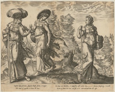 Orpa forlater Rut og Naomi [side 1] og Rut møter Boas på åkeren [side 2], side 1 og 2 i serien «Ruts historie» av Hendrick Goltzius