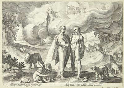 Prometheus skaper mennesket og gir det liv med ild fra himmelen av Hendrick Goltzius