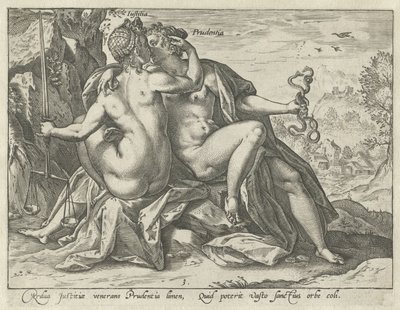 Rettferdighet og forsiktighet (Justitia / Prudentia) De forente dyder (serietittel) av Hendrick Goltzius