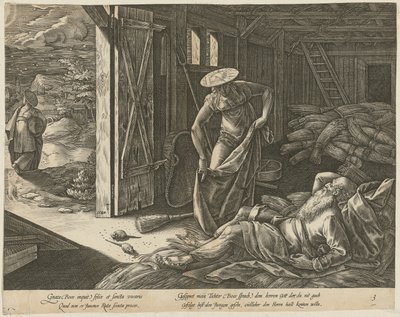 Rut og Boas i låven, side 3 i serien «Ruts historie» av Hendrick Goltzius