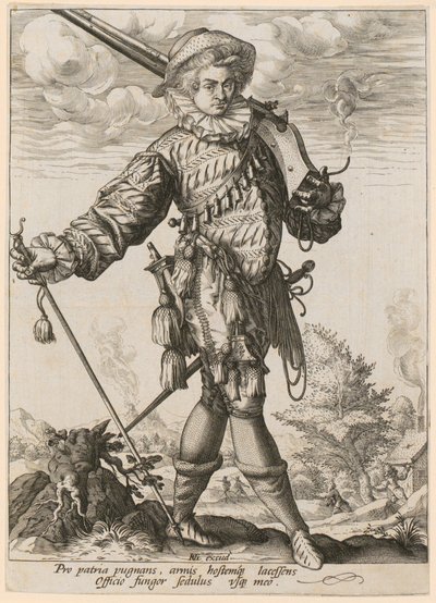 Stående landsknecht med muskett og spyd av Hendrick Goltzius