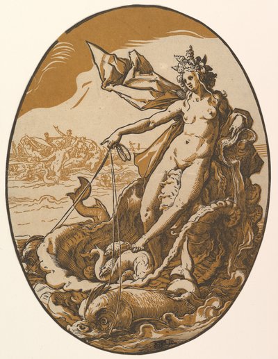 Tethys hvilende i en kjempestor muslingvogn trukket av to havskapninger, fra «Guddommene» av Hendrick Goltzius