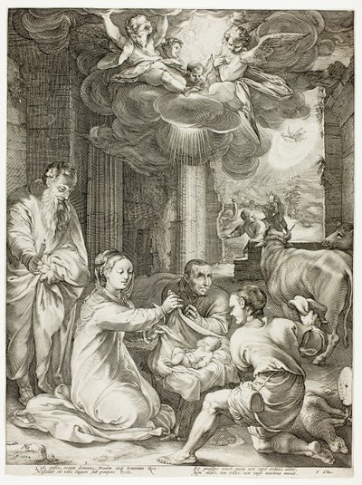 The Adoration of the Shepherds, plate tre fra The Birth and Early Life of Christ av Hendrick Goltzius