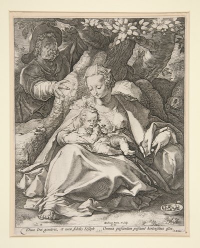 Den hellige familie under kirsebærtreet/ Hvil på flyturen til Egypt under et kirsebærtre av Hendrick Goltzius