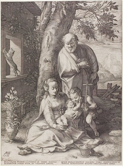 Den hellige familie med spedbarnet døperen Johannes, plate seks fra The Birth and Early Life of Christ av Hendrick Goltzius