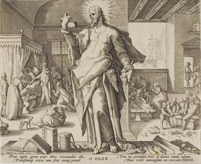 Legen betraktet som Gud, plate en fra Allegories of the Medical Profession. av Hendrick Goltzius