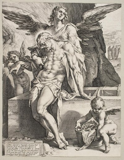 Kristi legeme støttet av en engel av Hendrick Goltzius