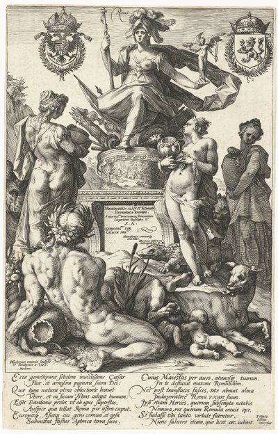 Titteltrykk for trykkserie De romerske heltene Roma (tittel på objekt) The Roman Heroes (serietittel) av Hendrick Goltzius