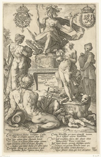 Titteltrykk for trykkserie De romerske heltene Roma (tittel på objekt) The Roman Heroes (serietittel) av Hendrick Goltzius