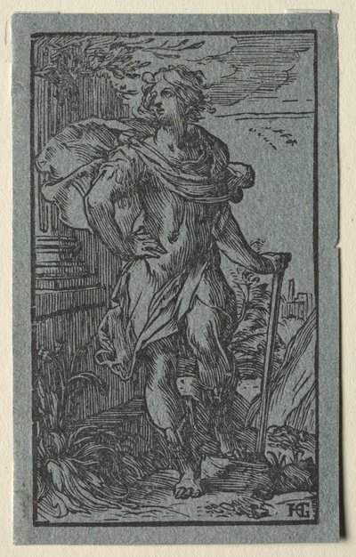 Ung mann som står med en stokk av Hendrick Goltzius