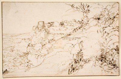 Landskap med en slottslignende bygning på en fjellspore av Hendrick Goudt