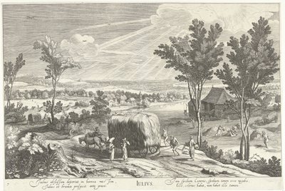 juli, med bønder i et landskap Julius (tittel på objekt) De tolv månedene (serietittel) av Hendrick Hondius (I)