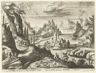 Landskap med Ikaros fall Ne quid nimis (tittel på objekt) av Hendrick Hondius (I)