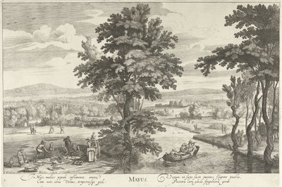 mai, med et selskap i et landskap Mayus (tittel på objekt) De tolv månedene (serietittel) av Hendrick Hondius (I)