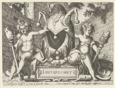 To putti med dårehette Libet qui caret (tittel på objekt) av Hendrick Hondius (I)