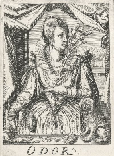 Lukt (lukt), en kvinne med en blomstergren Lukt (tittel på objekt) De fem sansene (serietittel) av Hendrick Hondius (rejected attribution)