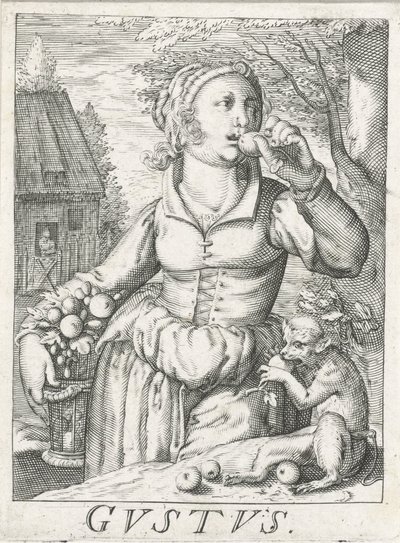 Smak (Gustus), en kvinne med frukt Gustus (tittel på objekt) De fem sansene (serietittel) av Hendrick Hondius (rejected attribution)