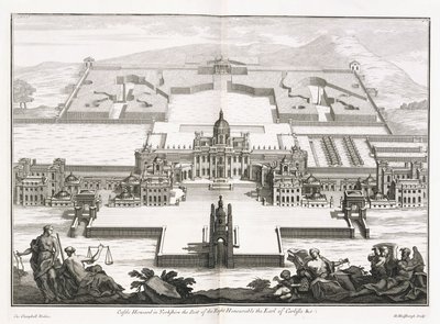 Castle Howard i Yorkshire, fra "Vitruvius Britannicus", eller "The British Architect, som inneholder planene, forhøyningene og seksjonene av de vanlige bygningene både offentlige og private, i Storbritannia" av Colin Campbell av Hendrick Hulsberg