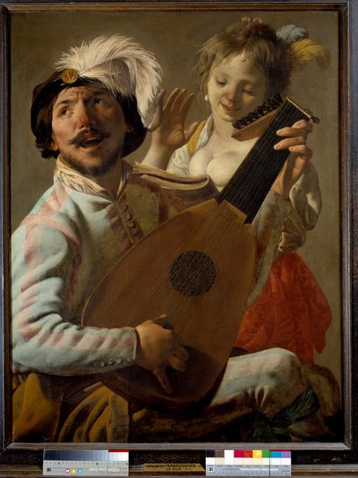 Duoen En sanger som spiller lut med en danser. Maleri av Hendrick ter Brugghen (eller Terbrugghen av Hendrick ter Brugghen
